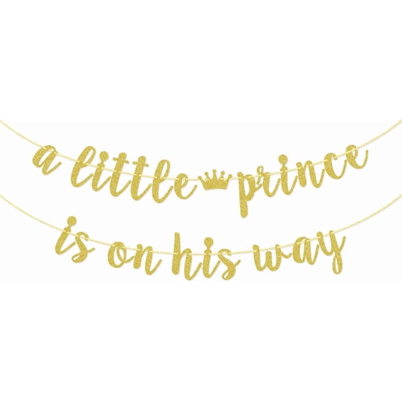A Little Prince Is On His Way Banner, Boy Baby Shower Decor (Gold Glitter)