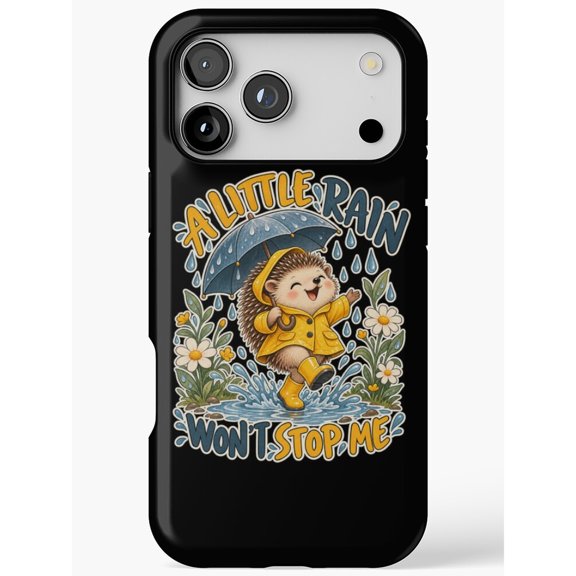 A Little Rain Won't Stop Me Hedgehog and Umbrella Tough Case for Apple iPhone, Blue, Yellow and Green