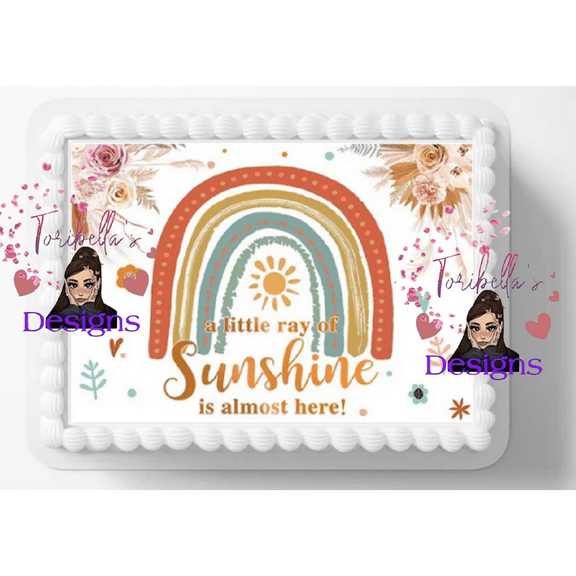 A Little Ray Of Sunshine Boho Rainbow Baby Shower Edible Image Cake Topper, by ToriBellas Designs