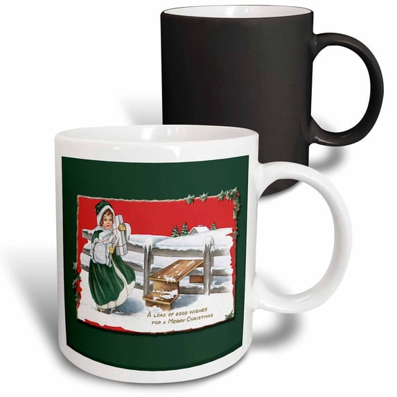 3drose, a Load of Good Wishes for a Merry Christmas Little Girl in Green with Presents in a Winter Scene, 11oz Magic Transforming Mug