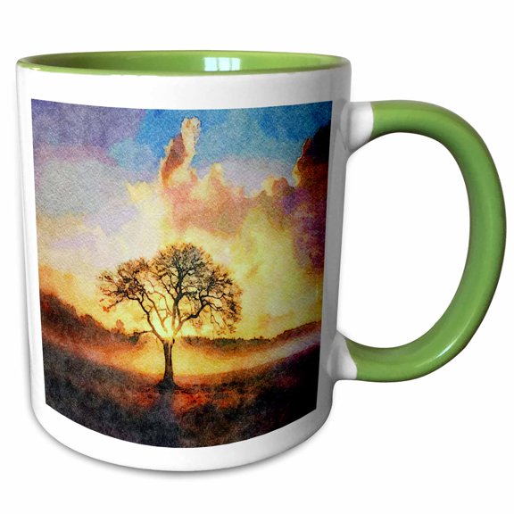 3drose, a Lonely Tree in the Sunset Image of Watercolor Painting, 15oz Two-tone Green Mug