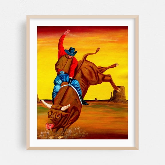A Long Eight Seconds - Painting Western Cowboy Animal Desert Rustic Wildlife Oak Framed Wall Art Print 18 x 24 inches