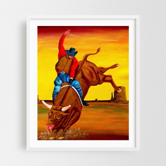 A Long Eight Seconds - Painting Western Cowboy Animal Desert Rustic Wildlife White Framed Wall Art Print 6 x 8 inches