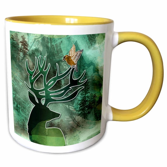 3drose, a Lovely Nature Scene with a Buck and a Songbird for the Nature Lover, 11oz Two-tone Yellow Mug