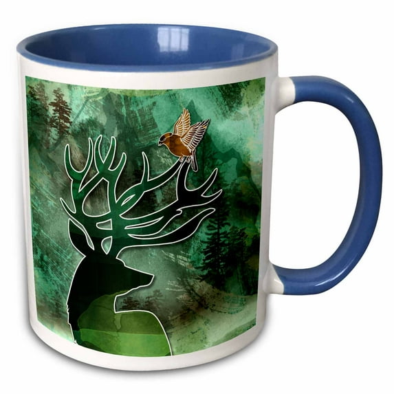 3drose, a Lovely Nature Scene with a Buck and a Songbird for the Nature Lover, 15oz Two-tone Blue Mug