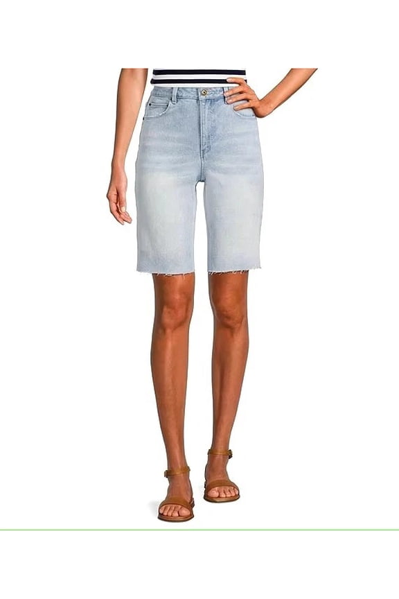 High Rise Frayed Hem Stretch Denim Bermuda Shorts -  Size 27 Light Wash Mom Denim