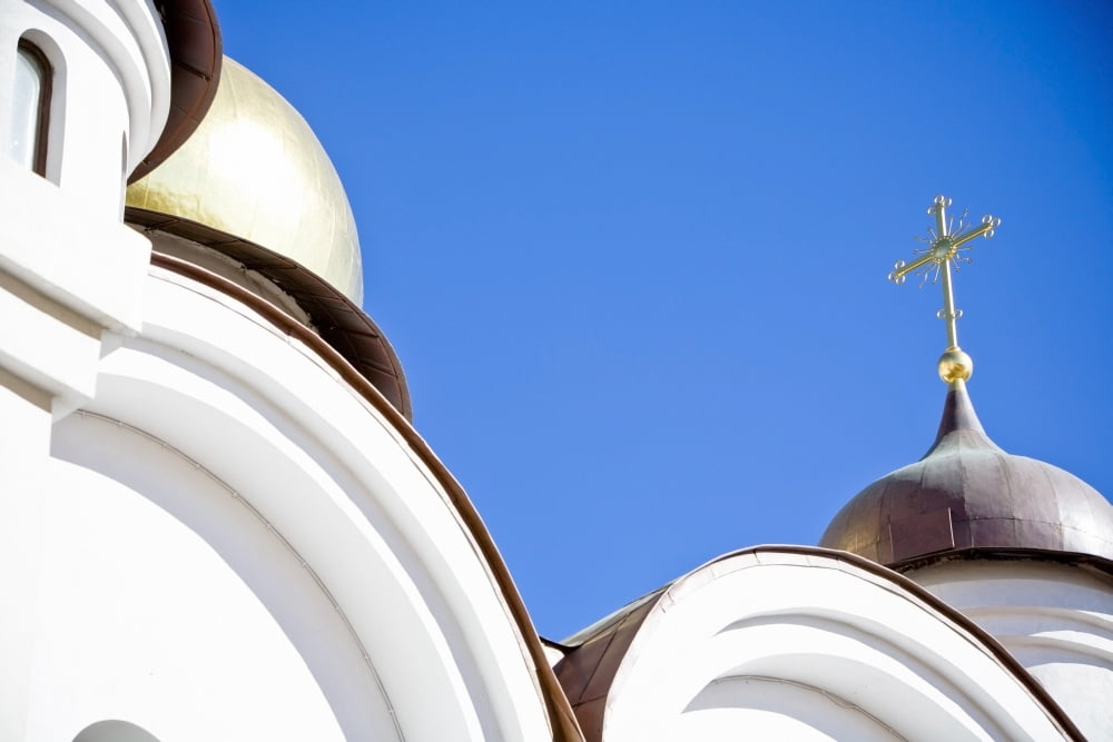 A Low Angle Shot Of A White Church Canvas Art - David DuChemin Design Pics (38 x 24)