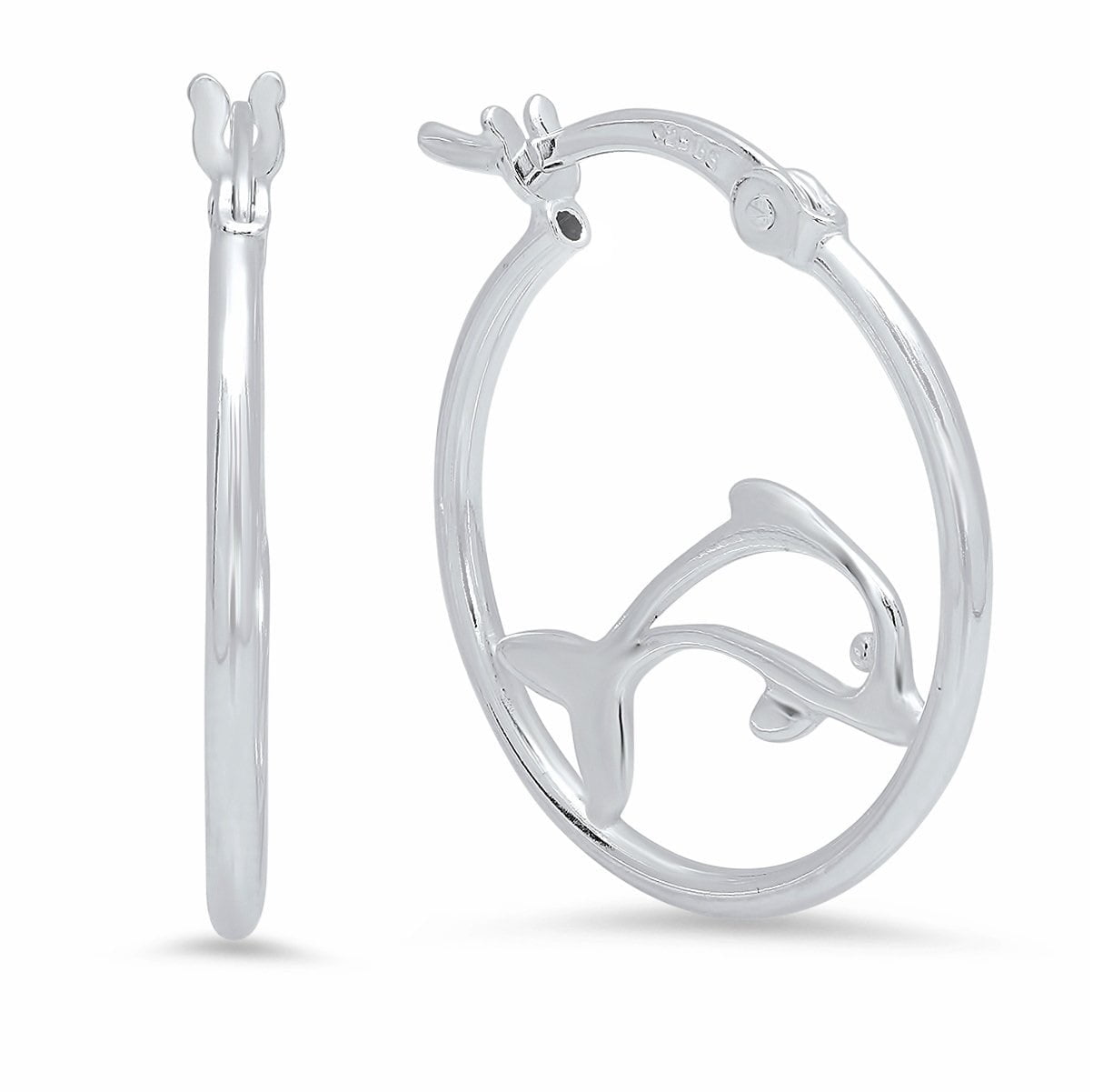 A&M 925 Sterling Silver Dolphin Hoop Earrings, 1.2x24mm, Saddle Back Closure, Unisex Jewelry