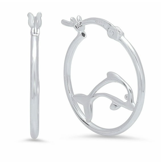 A&M 925 Sterling Silver Dolphin Hoop Earrings, 1.2x24mm, Saddle Back Closure, Unisex Jewelry