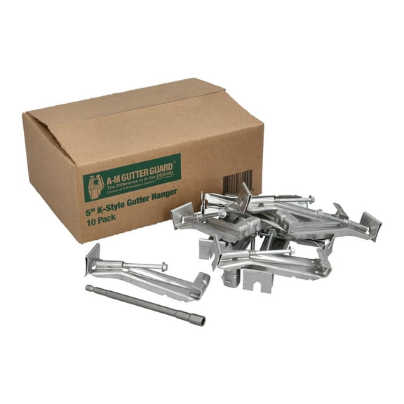 A-M Gutter Guard - 5" K Style Gutter Hangers - Heavy Duty Hidden Rain Gutter Bracket Support With Speed Screw and Clip - Includes 1/4" x 6" Hex Bit - (10 Pack)