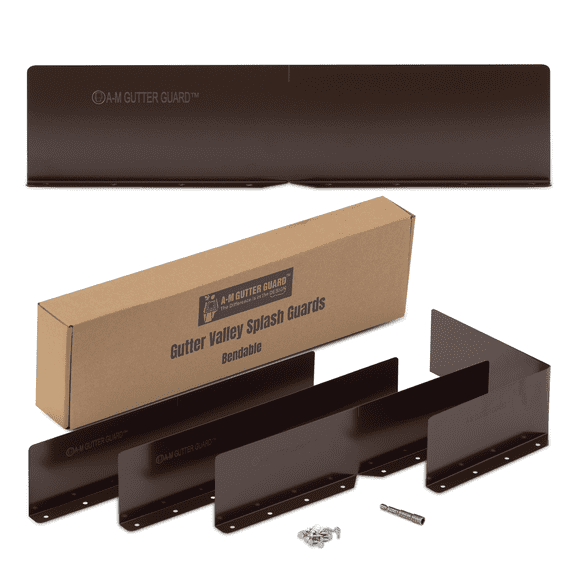 A-M Gutter Guard Gutter Valley Splash Guards – 4 Pack Brown | Includes Stainless Steel Zip Screws & 1/4" Hex Bit | Bendable Aluminum Design Prevents | 22-gauge aluminum (.0275"/.7mm)