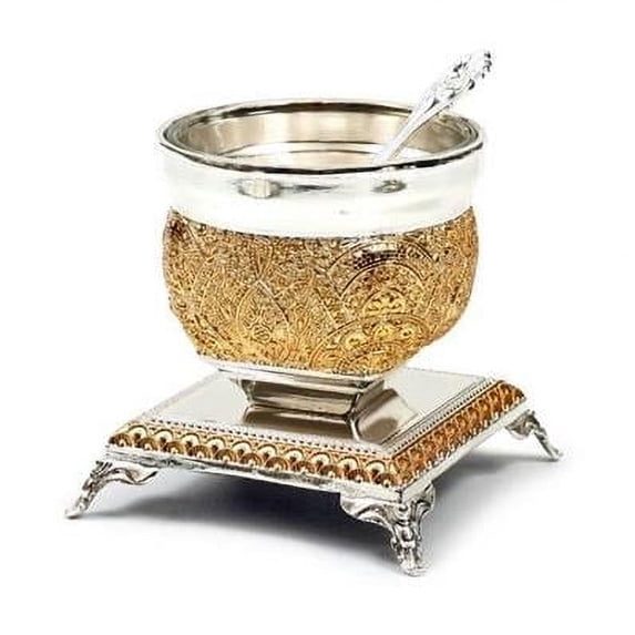 A&M Judaica and Gifts Saltpan & Spoon with Filigree Gold Decoration - Gold