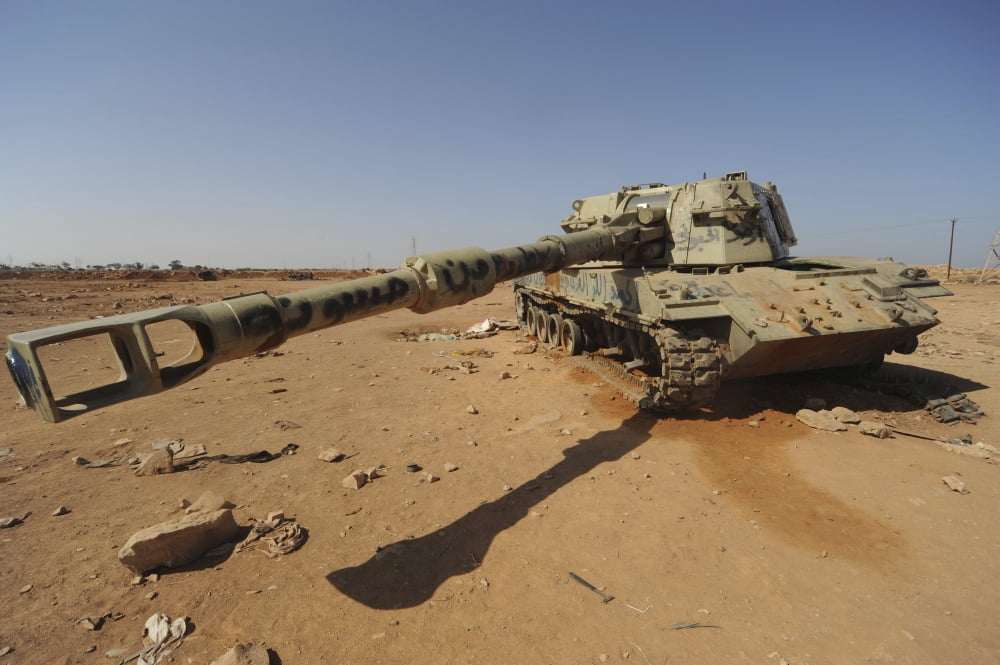 A M109 howitzer destroyed by NATO forces in the desert outside Benghazi Libya Canvas Art - Andrew ChittockStocktrek Images (35 x 23)