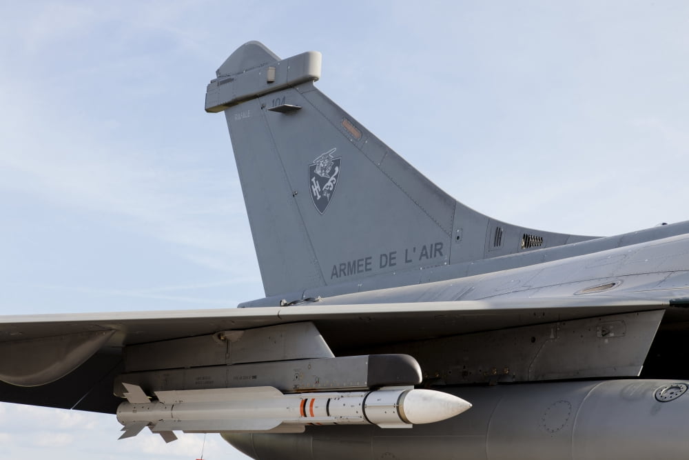 A MICA missile under the wing of a French Air Force Rafale aircraft Canvas Art - Timm ZiegenthalerStocktrek Images (18 x 12)