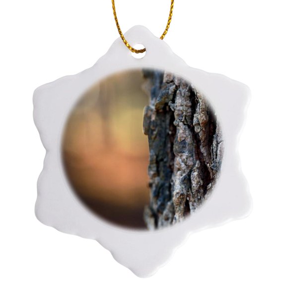 3drose, a Macro Photo of a Shagbark Hickory Tree Against a Bokeh Background., 3 inch Snowflake Porcelain Ornament