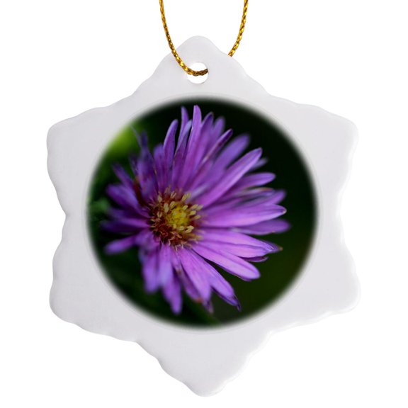 3drose, a Macro Photograph of a Purple Aster on a Green Bokeh Background., 3 inch Snowflake Porcelain Ornament