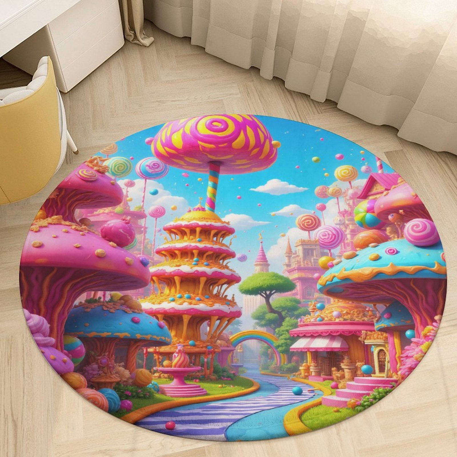 A Magical Candy Land with Colorful Houses Round Area Rugs for Bedroom ...