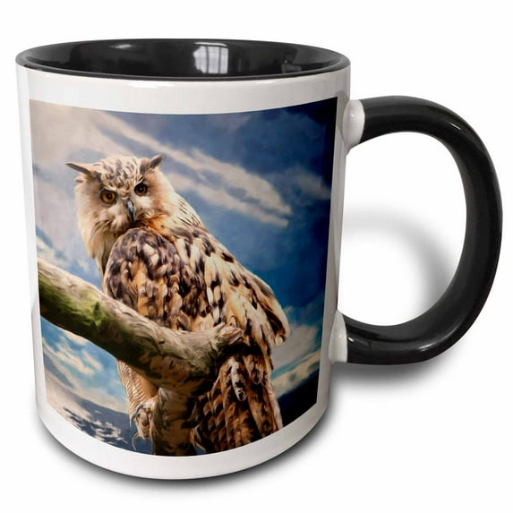 3drose, a Magnificent Painting Owl Sitting on a Tree Trunk, 11oz Two-tone Black Mug