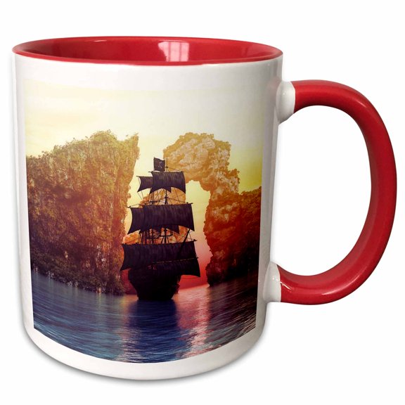 3drose, a Magnificent Pirate Ship Anchored Off an Island Group by the Sunset, 15oz Two-tone Red Mug