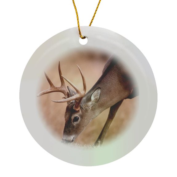 3drose, a Male Whitetail Deer Grazes in a Meadow of Dry Grass in the Fall, Circle Porcelain Ornament