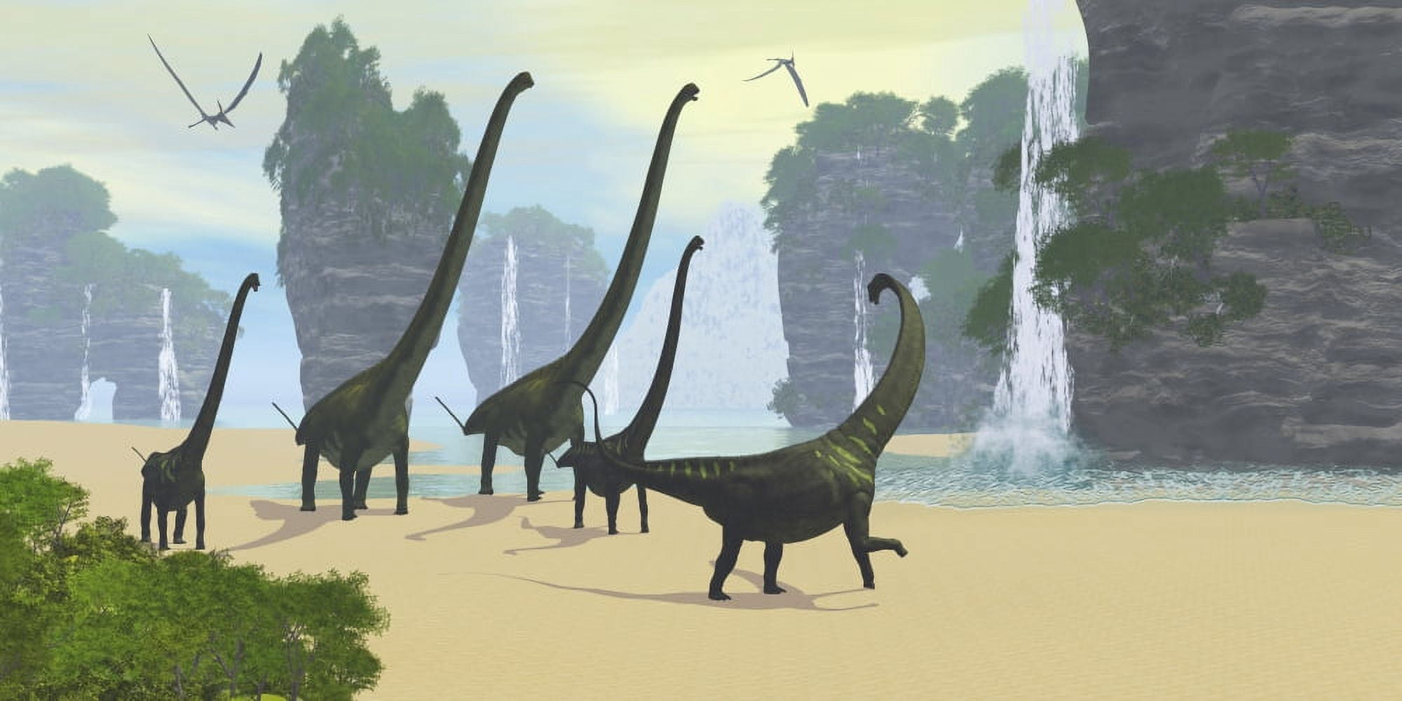 A Mamenchisaurus dinosaur herd grazing along a lake Canvas Art - Corey FordStocktrek Images (40 x 20)