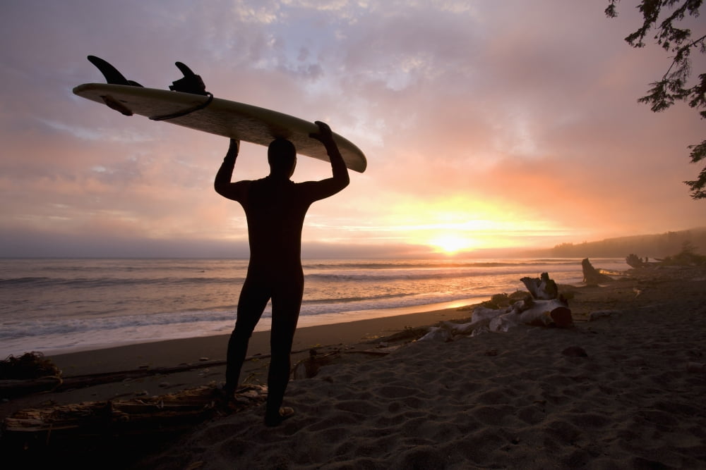 A Man Carrying His Surfboard Sombrio Beach Vancouver Island British Columbia Canada Canvas Art - Deddeda Design Pics (19 x 12)