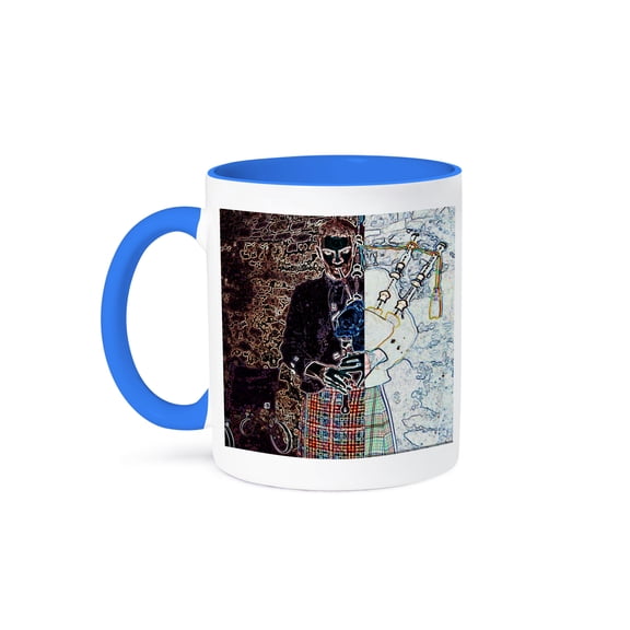 3dRose, A Man Playing The Bag Pipes in Ireland At a Castle Done in Two Different Types of Paint, 15oz Two-Tone Blue Mug
