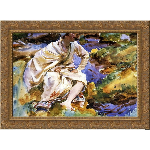 A Man Seated by a Stream 24x18 Gold Ornate Wood Framed Canvas Art by John Singer Sargent