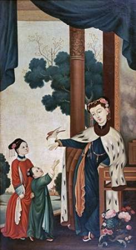 A Mandarins Wife With Their Two Daughters Canvas Art - Chinese School (12 x 18)