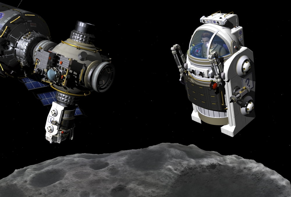 A Manned Maneuvering Vehicle prepares to descend to the surface of a small asteroid Canvas Art - Walter MyersStocktrek Images (35 x 24)