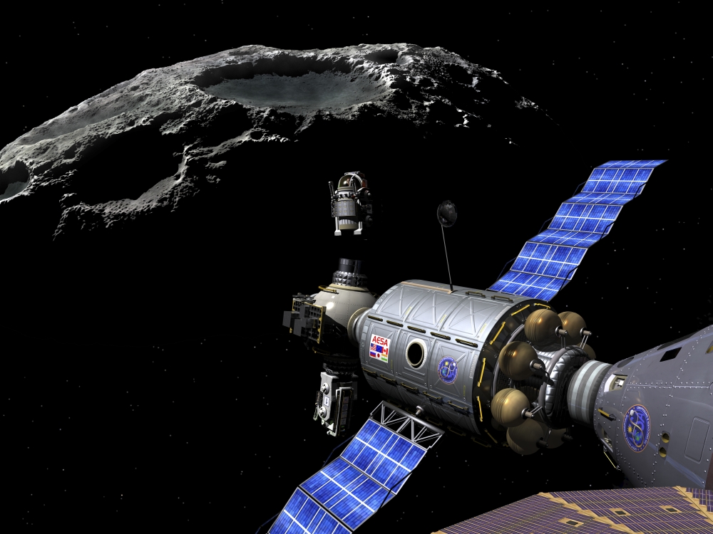 A Manned Maneuvering Vehicle undocks and prepares to descend to the surface of a small asteroid Canvas Art - Walter MyersStocktrek Images (33 x 25)