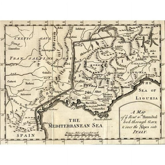 A Map Of The Route Hannibal Took Through Gaul And Over The Alps Into Italy Poster Print