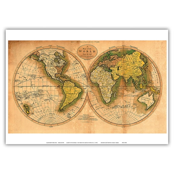 A Map of the World from the Best Authorities - The Track of Captain Cook - Vintage Colored Cartographic Map by S. I. c.1795 - Master Art Print 10in x 14in