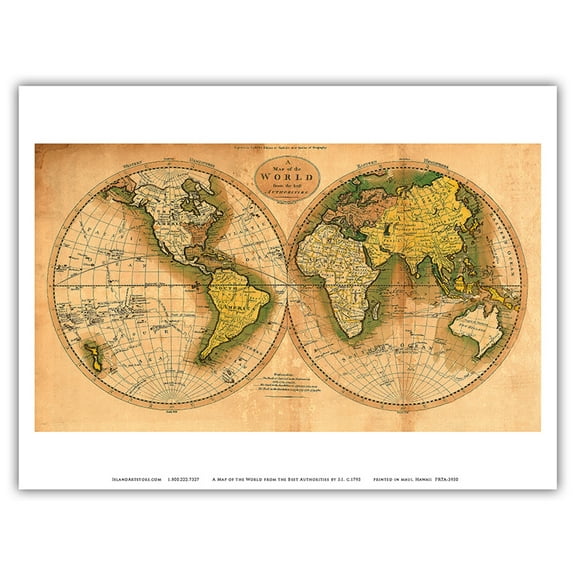 A Map of the World from the Best Authorities - The Track of Captain Cook - Vintage Colored Cartographic Map by S. I. c.1795 - Master Art Print (Unframed) 9in x 12in