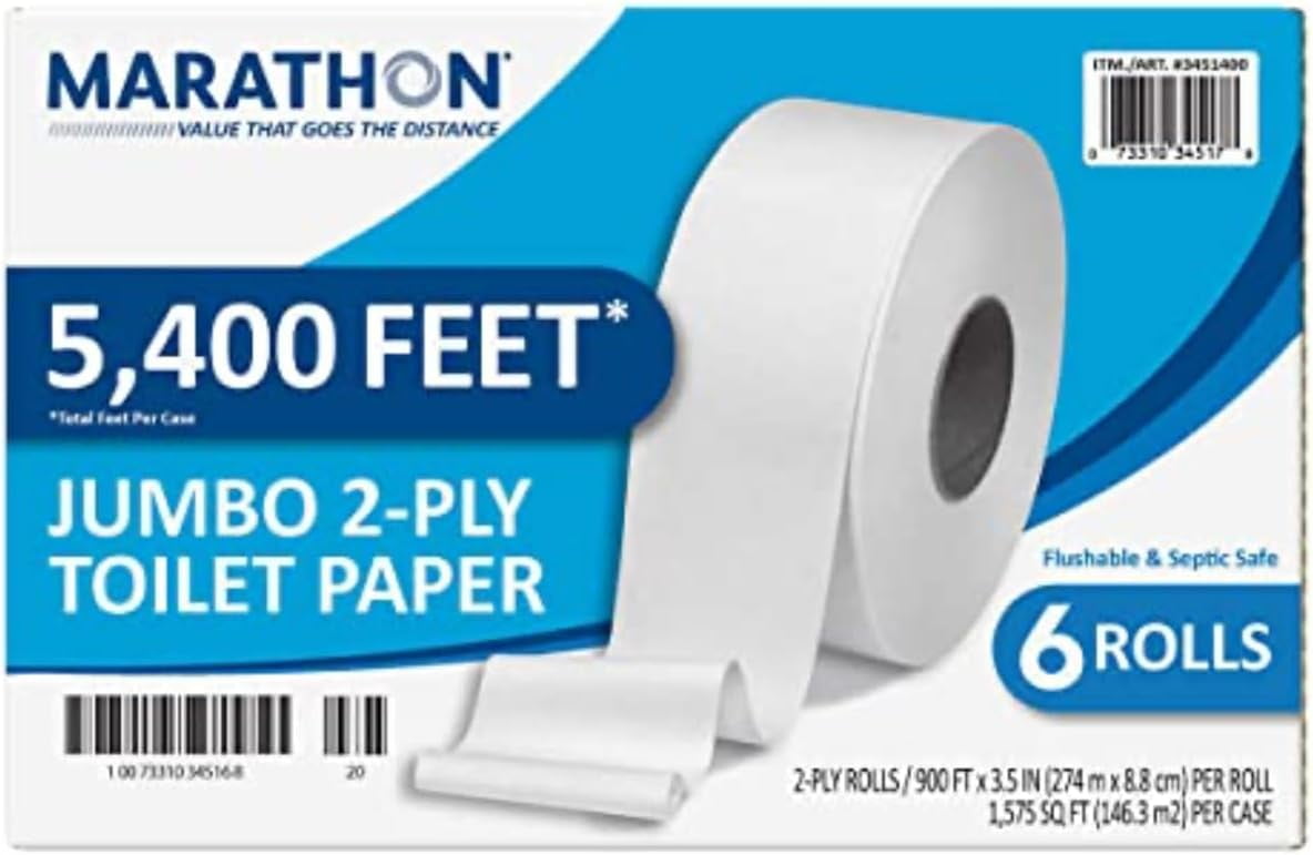 A Marathon Jumbo Roll Bath Tissue, 2-Ply, 900 ft Rolls, 6 Rolls