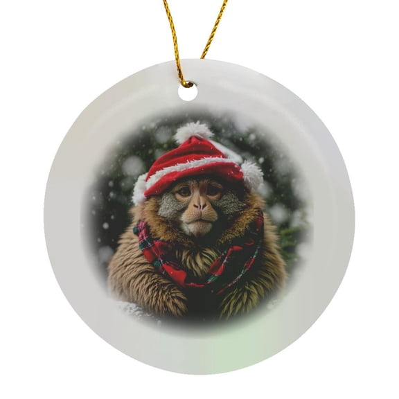 3drose, a Marmoset Monkey Wearing a Santa Hat and Scarf, Circle Porcelain Ornament