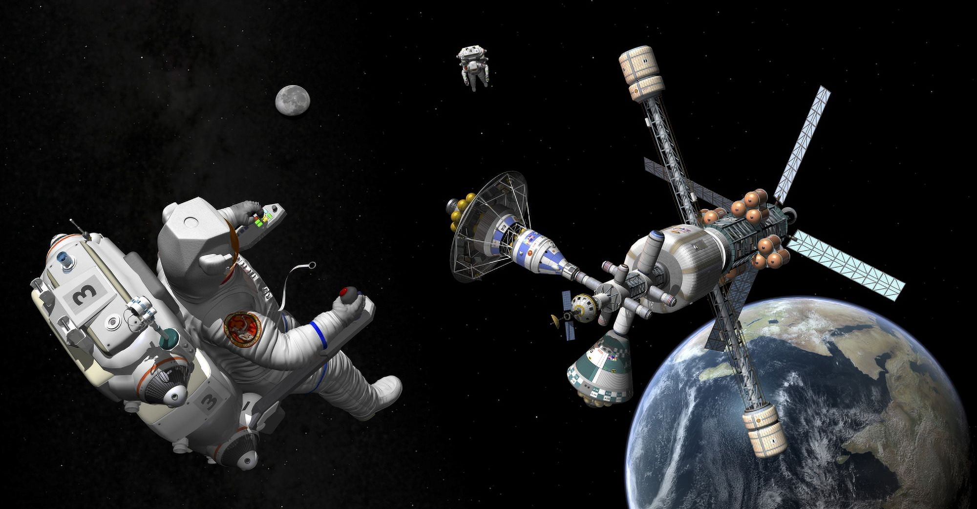 A Mars cycler travels by the Earth while two astronauts watch from afar Canvas Art - Walter MyersStocktrek Images (20 x 11)
