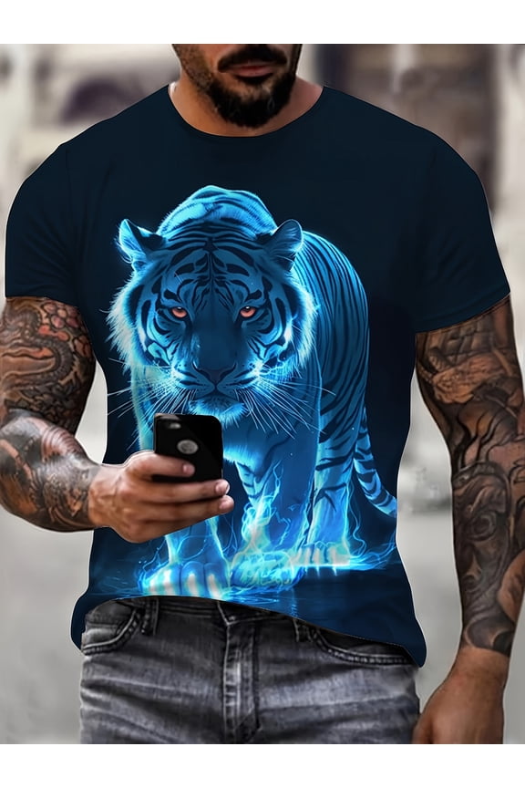A Men's 3D Tiger Printed T-shirt, Casual round Neck Short Sleeves, Polyester Knitted Fabric, Summer Breathable, Suitable for Adults Regular Version