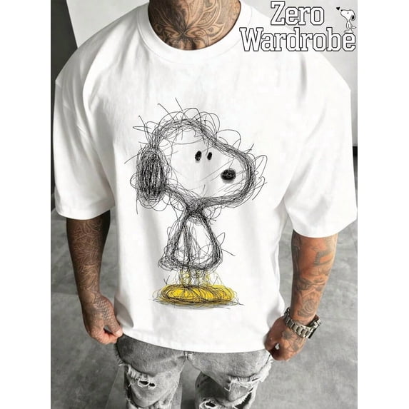 A Men's Short Sleeved T-Shirt With Line Graffiti Snoopy Pattern Print, Comfortable And Breathable, Suitable For Daily Wear In Spring And Summer.