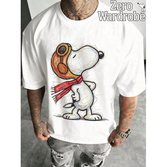 A Men's Short Sleeved T-Shirt With Line Graffiti Snoopy Pattern Print, Comfortable And Breathable, Suitable For Daily Wear In Spring And Summer.