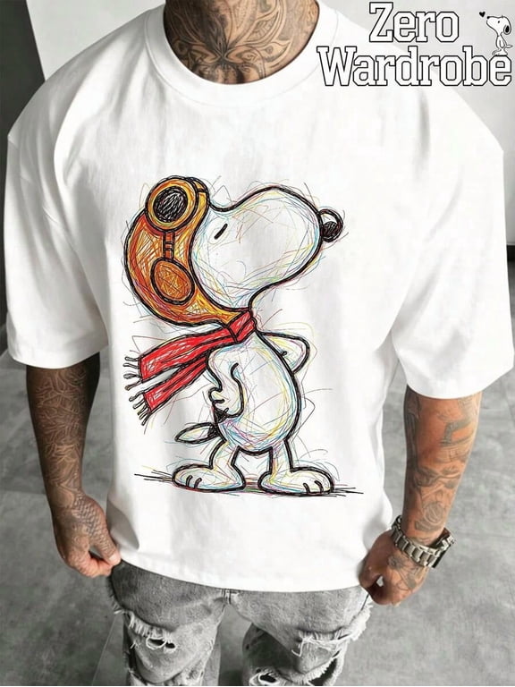 A Men's Short Sleeved T-Shirt With Line Graffiti Snoopy Pattern Print, Comfortable And Breathable, Suitable For Daily Wear In Spring And Summer.