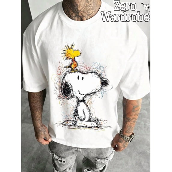 A Men's Short Sleeved T-Shirt With Line Graffiti Snoopy Pattern Print, Comfortable And Breathable, Suitable For Daily Wear In Spring And Summer.