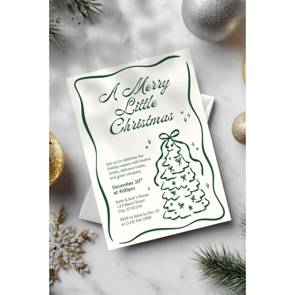 A Merry Little Christmas Invitation Card  Festive Holiday Party Announcement  Elegant Christmas Tree Design for Gathering, Events, or Celebrations