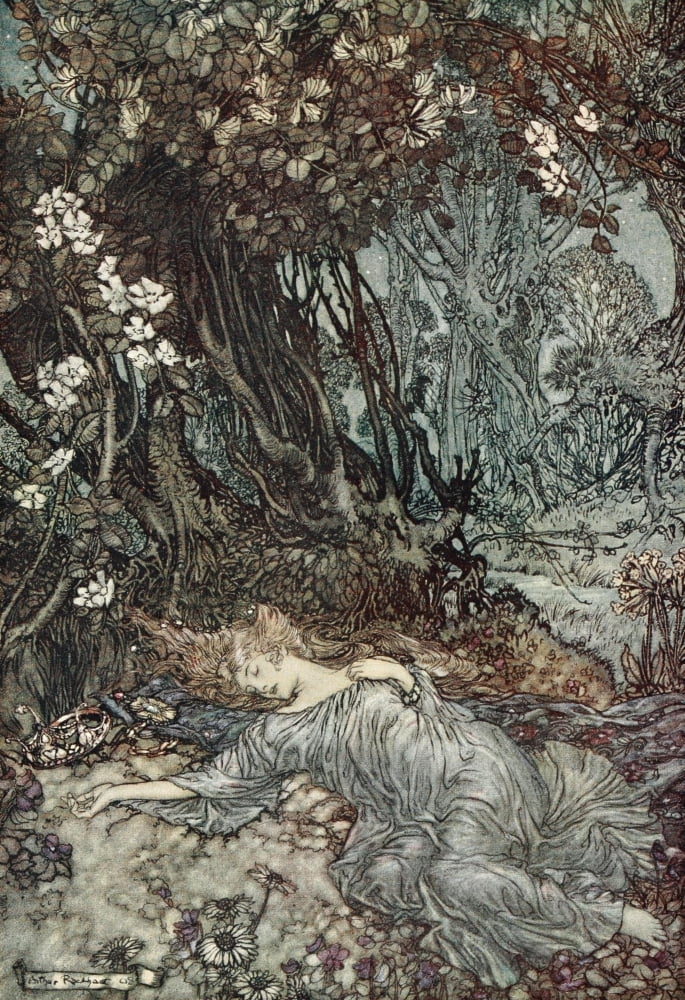 A Midsummer Nights Dream 1908 Titania lying asleep Canvas Art - Arthur Rackham (18 x 24)