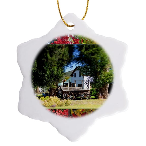3drose, a Miniature Looking Wagon for Pioneers with a Fall Atop and Bottom, 3 inch Snowflake Porcelain Ornament