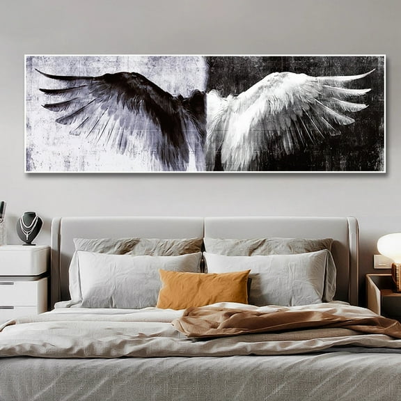 A Modern Black and White Angel Wings Canvas Art - Stunning Wall Decoration for Home and Office