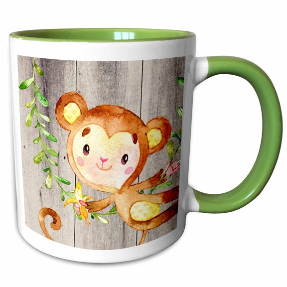 3drose, a Monkey Holding a Banana-children Watercolor Illustration, 15oz Two-tone Green Mug