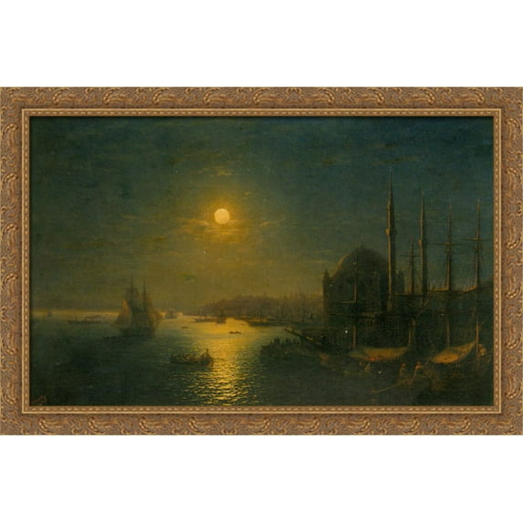 A Moonlit View of the Bosphorus 40x26 Large Gold Ornate Wood Framed Canvas Art by Ivan Aivazovsky