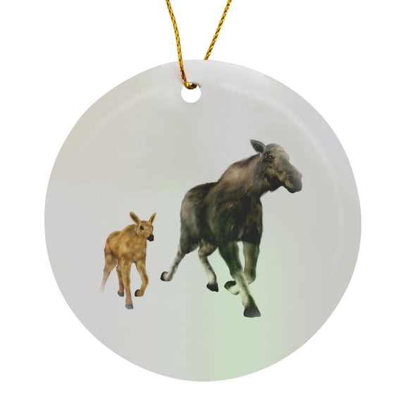 3drose, a Moose Mother and Small Child, Circle Porcelain Ornament