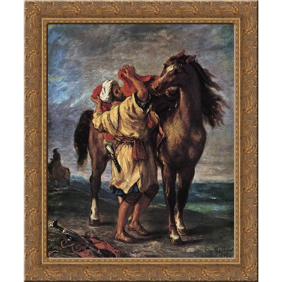 A Moroccan Saddling a Horse 24x20 Gold Ornate Wood Framed Canvas Art by Eugene Delacroix